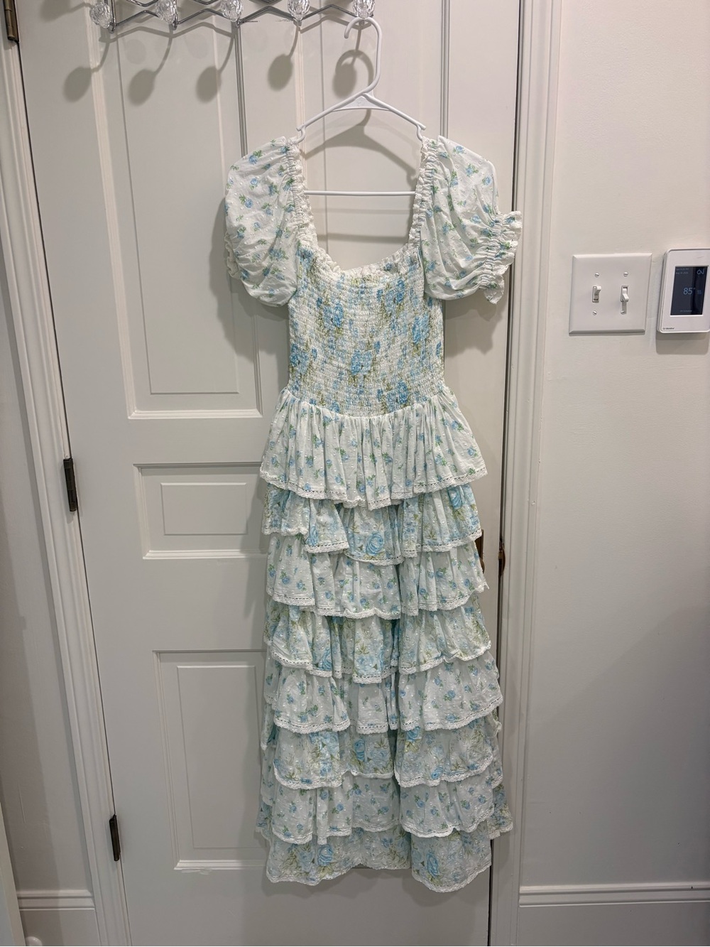 Amy Jane London Smocked Tiered Maxi Dress in Light Blue Floral